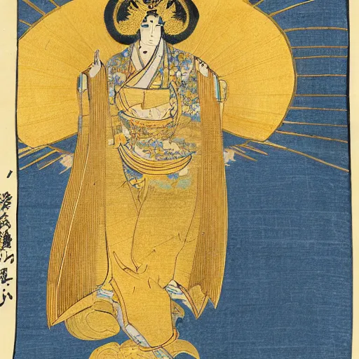 Image similar to a golden deity with the head of the baby harp seal, radiating golden light, wearing royal kimono, Japanese ink drawing from 1700
