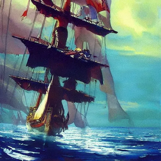 Prompt: A pirate on the high seas that has magical pearlescent shimmering see through sails, painting by Peter Andrew Jones