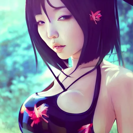 Image similar to a beautiful young japanese hitomi tanaka alluring instagram model in elaborate latex tank top, jrpg tank top made from latex demon faces, by guweiz and wlop and ilya kuvshinov and artgerm and, aesthetic, gorgeous, stunning, alluring, attractive, artstation, deviantart, pinterest, digital art