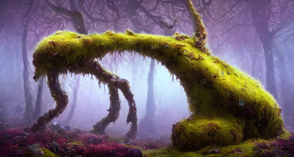 Prompt: a beautiful macro photography of moss with alien fungus, hyperdetailed, warm volumetric lights, made by gerald brom and mike winkelmann