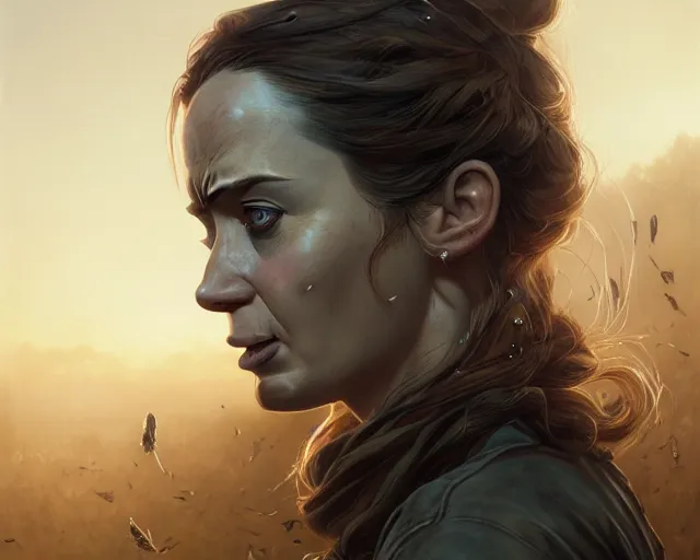 Image similar to highly detailed portrait of emily blunt, in the walking dead, stephen bliss, unreal engine, fantasy art by greg rutkowski, loish, rhads, ferdinand knab, makoto shinkai and lois van baarle, ilya kuvshinov, rossdraws, tom bagshaw, global illumination, radiant light, detailed and intricate environment