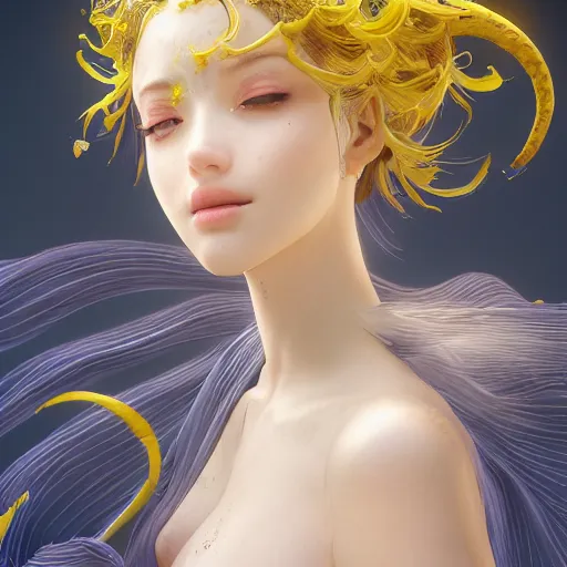 Image similar to the portrait of a sensual lemon that resembles an absurdly beautiful, graceful, elegant, gravure idol, an ultrafine hyperdetailed illustration by kim jung gi, irakli nadar, intricate linework, bright colors, octopath traveler, final fantasy, unreal engine 5 highly rendered, global illumination, radiant light, detailed and intricate environment