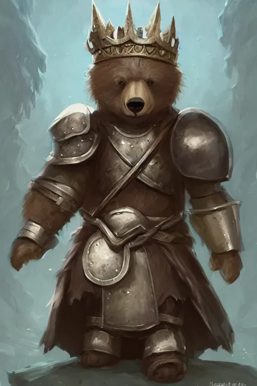 Image similar to cute little anthropomorphic bear knight wearing a cape and a crown, tiny, small, miniature bear, baby animal, short, pale blue armor, cute and adorable, pretty, beautiful, DnD character art portrait, matte fantasy painting, DeviantArt Artstation, by Jason Felix by Steve Argyle by Tyler Jacobson by Peter Mohrbacher, cinematic lighting