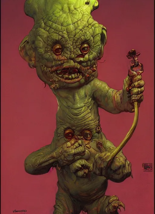 Image similar to possessed munchkin from oz, by lawrence alma-tadema and zdzislaw beksinski and norman rockwell and jack kirby and tom lovell and greg staples, artstation creature art