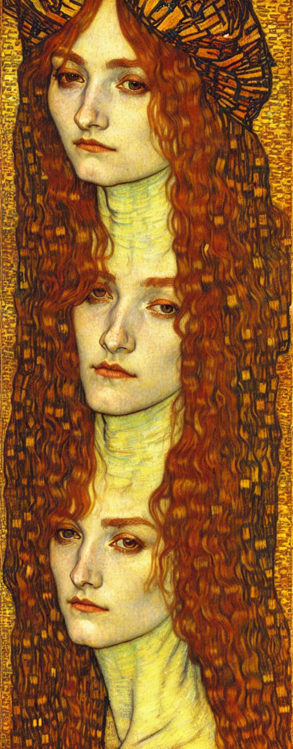 Image similar to detailed realistic beautiful young medieval queen face portrait by jean delville, gustav klimt and vincent van gogh, art nouveau, symbolist, visionary, gothic, pre - raphaelite, muted earthy colors, desaturated