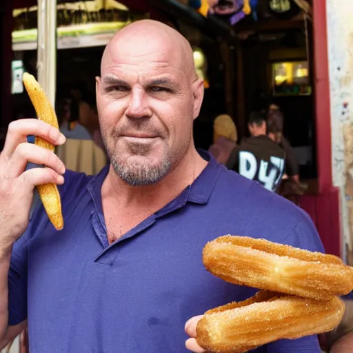 Image similar to thanos from mcu eating a churros at a bar in tharros ( sardinia )