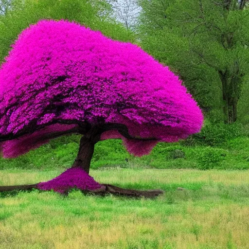 Prompt: a pink and purple tree in the style of Bob Ross