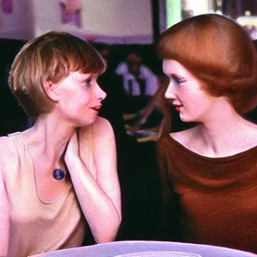 Image similar to 1981 color archival photo of a glamorous woman in a dress, and her friend, who looks like Casper the Friendly Ghost, in a sidewalk cafe, 16mm film soft color, earth tones and soft color 1981, live-action archival footage, in style of doris wishman russ meyer, woman looks like young mia farrow