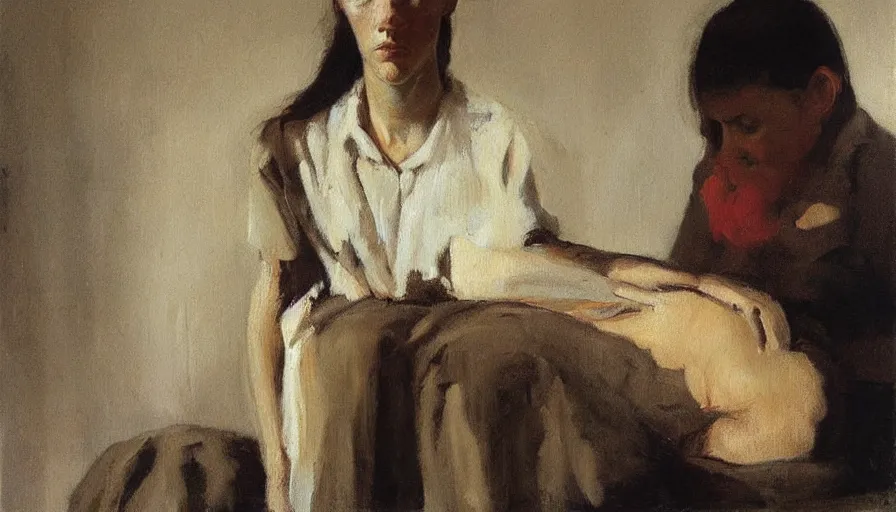 Prompt: painting by borremans, strange situation with a girl, detailed, stunning