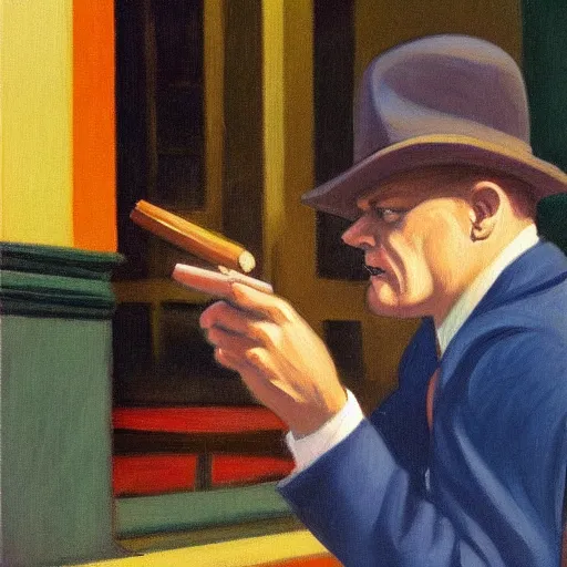 Prompt: A portrait of James Cagney smoking a cigar in a busy downtown Chicago street, circa 1940s, painting by Edward Hopper