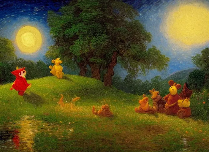 Prompt: romanticism impressionism landscape painting of winnie the pooh characters at night, night time, paper lanterns, string lights, in the style of hudson river school and thomas cole and albert bierstadt and vincent van gogh