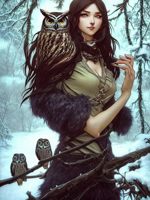 Prompt: full body picture of a huntress with owls in the winter, bored, coveted, beautiful and aesthetic, intricate, unreal engine, messy hair, highly detailed, detailed face, smooth, sharp focus, chiaroscuro, manga illustration, artgerm, greg rutkowski, ilya kuvshinov, rossdraws, alphonse mucha, young adult light novel cover art