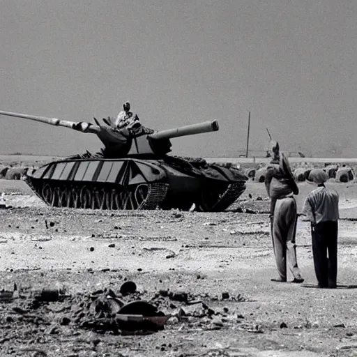 Image similar to A 200 foot tall George H.W. Bush destroys Iraqi tanks, historical photo