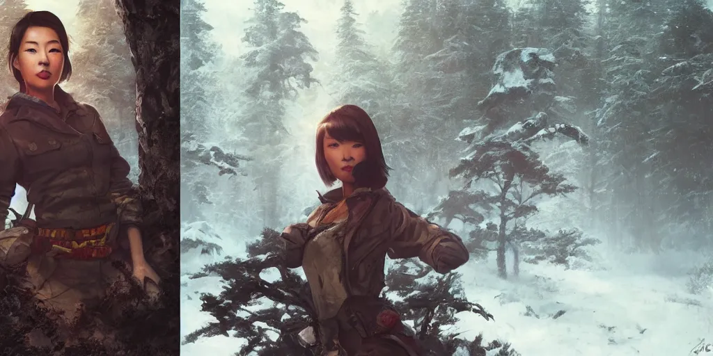 Image similar to fallout 5, charismatic beautiful rugged asian female protagonist, portrait, outdoors in forest, tori gate!!! and shinto shrine!!! in the background, atmospheric lighting, painted, intricate, volumetric lighting, daytime, winter, blizzard, sharp focus, ultra detailed, art by william turner and ross tran