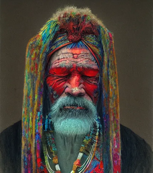 Image similar to Portrait painting in a style of Beksinski of an old shaman dressed in a colorful traditional clothes.