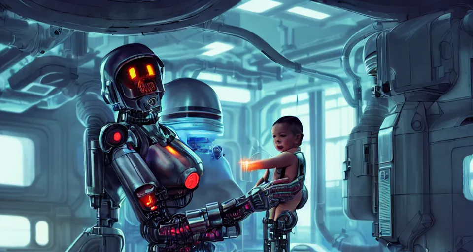 Prompt: a very realistic movie still of a cyborg woman holding a little cyborg kid baby in a cyborg factory, highly detailed render by beeple, syd meade, starwars, space art concept, sci - fi, digital art, unreal engine, wlop, trending on artstation, 4 k uhd image, octane render