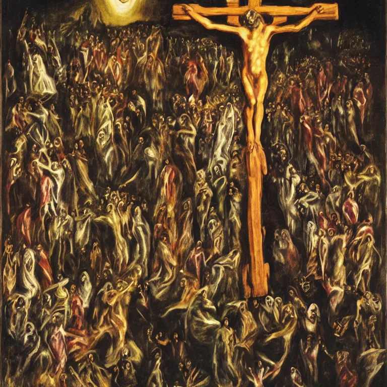 Prompt: A Holy Week procession of souls in a lush Spanish village at night. A figure at the front holds a cross, trending on artstation, highly detailed, 50mm, by El Greco, Remedios Varo y Salvador Dali.