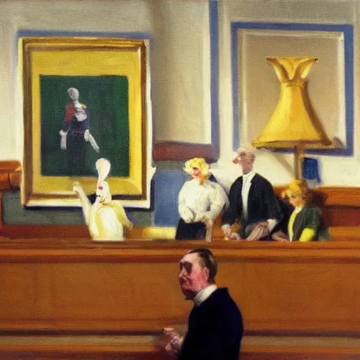 Prompt: a highly detailed fine art painting of british member of parliament in the house of commons wearing clown costumes. in the style of edward hopper, richard hamilton.