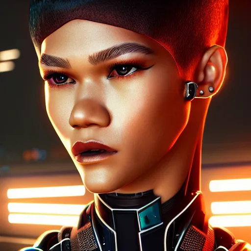 Image similar to full-length portrait of beautiful cyber beautiful Zendaya, cyberpunk, close-up, photorealistic, octane render, 35mm, beautiful big symmetric eyes, coherent, 4k, Unreal Engine, intricate details, concept art, volumetric lighting, trending or artstation, award winning, beautiful scenery, ray tracing