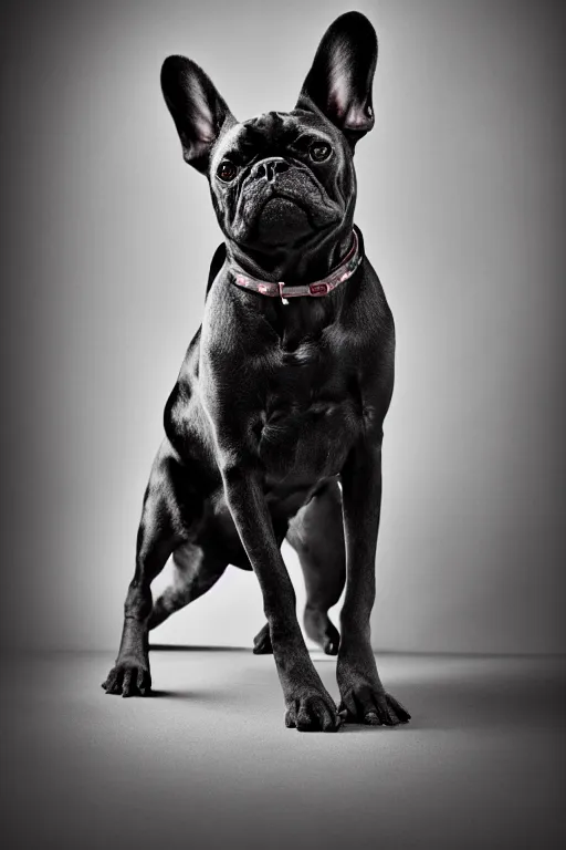 Image similar to full body portrait of a black french bulldog, symmetrical, detailed facial features, victorian female clothing, cinematic lighting, highly detailed, by annie leibovitz, 4 k,