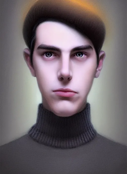 Image similar to portrait of teenage jughead jones wearing a light grey crown, crown, blue turtleneck, 1 9 5 0 s, closed eyes, photorealistic, black hair, glowing lighting, intricate, elegant, glowing lights, highly detailed, digital painting, artstation, concept art, smooth, sharp focus, illustration, art by wlop, mars ravelo and greg rutkowski