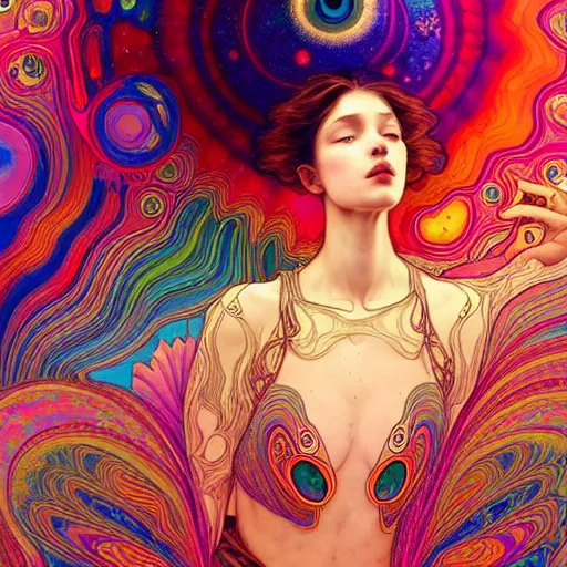 Image similar to A girl having an extremely colorful psychedelic experience, warping time and space, magic mushrooms, psilocybin, LSD, face, detailed, intricate, elegant, highly detailed, digital painting, artstation, concept art, smooth, sharp focus, illustration, art by Krenz Cushart and Artem Demura and alphonse mucha