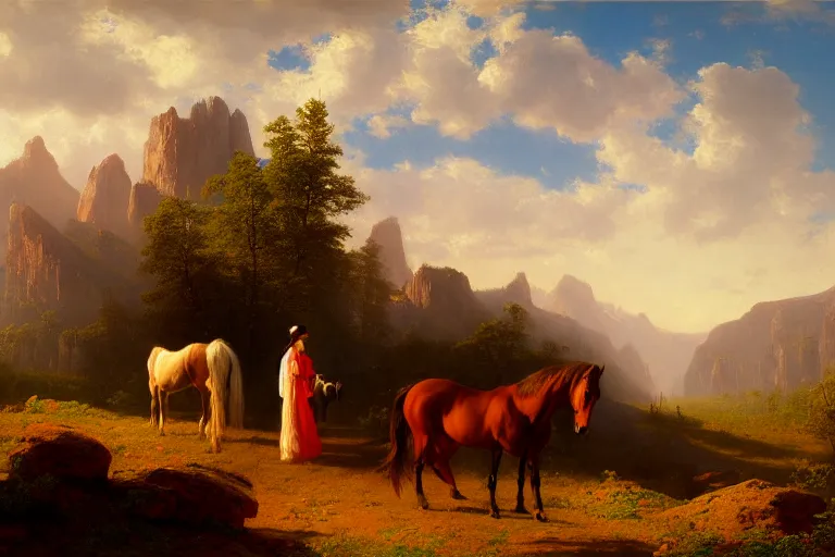 Prompt: scenic western mountain landscape with horses and a woman wearing a white traditional dress, oil on canvas, radiant light, artstation, Alfred Bierstadt