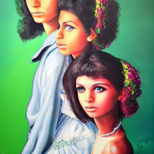 Image similar to a highly detailed painting. 1987-era Prince behind two beautiful twin sisters. Prince is green with jealousy. Photorealistic. Trending on Artstation.