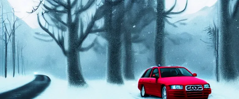 Image similar to Audi A4 B6 Avant (2002), a gritty neo-noir, dramatic bright lighting, cinematic, establishing shot, extremely high detail, photorealistic, cinematic lighting, artstation, by simon stalenhag, Snowy italian road, Snowy Alps, serious car crash, At night, Poets of the Fall - Late Goodbye