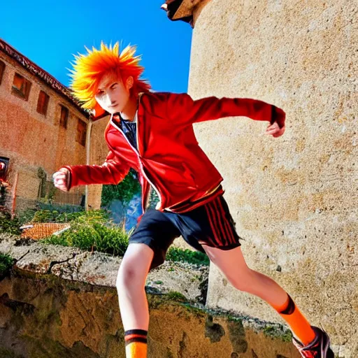Prompt: orange - haired anime boy, 1 7 - year - old anime boy with wild spiky hair, wearing red jacket, running through italian town, yellow sunshine, sepia sun, strong lighting, vivid lighting, ultra - realistic, sharp details, subsurface scattering, intricate details, hd anime, 2 0 1 9 anime