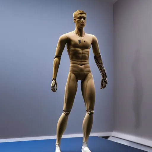 Prompt: a realistic detailed photo of a guy who is an attractive humanoid who is half robot and half humanoid, who is a male android, soccer player matthijs de ligt, shiny skin, posing like a statue, blank stare, in a living room, on display, showing off his muscles, with a twin