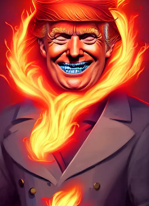 Prompt: donald trump bald and smiling, style artgerm, joshua middleton, illustration, anthropomorphic hamster steampunk half - cyborg, red fur, swirling fire flames cosmos, fantasy, dnd, cinematic lighting