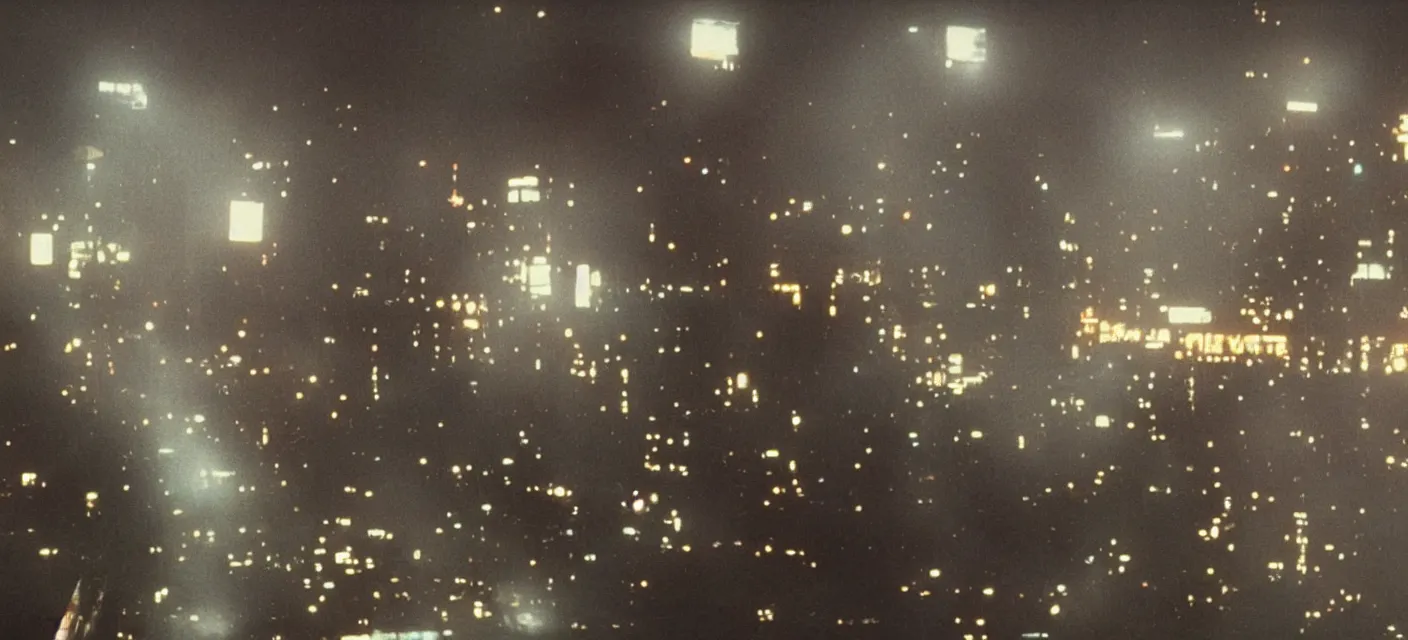 Image similar to C-beams glittering in the dark near the Tannhäuser Gate, still from Blade Runner (1982), Super Panavision 70