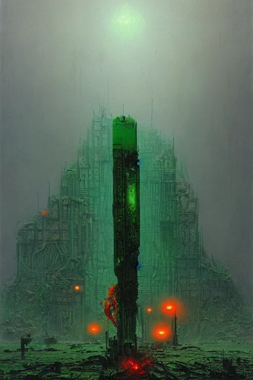 Image similar to glowing green alien crystals irradiating zombie infested city, orange and red wasteland, survival post - apocalyptic, ruined tanks, beksinski, dark sci - fi