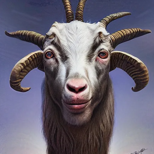 Image similar to vladimir putin is anthropomorphic goat hybrid, macabre, horror, by donato giancola and greg rutkowski and wayne barlow and zdzisław beksinski, digital art