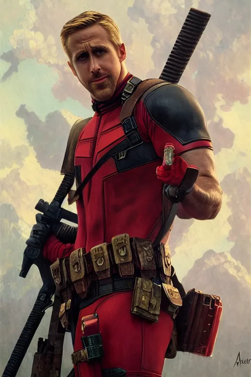 Image similar to Ryan Gosling as deadpool, no mask, fantasy, powerful, elegant, intricate, beautiful lighting, volumetric lighting, highly detailed, artstation, sharp focus, no cropping, by Stanley Artgerm Lau, greg rutkowski, thomas kindkade, alphonse mucha, loish, norman Rockwell