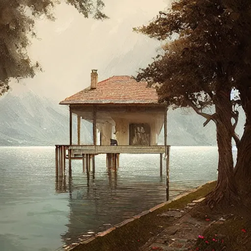 Prompt: a house by the lake painted by greg rutkowski