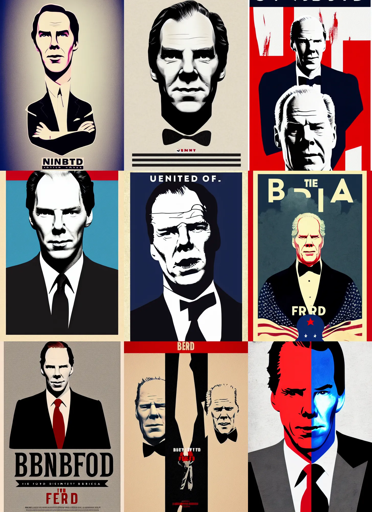 Prompt: jerry, benedict cumberbatch is united states president gerald ford, minimalist movie poster, theatrical poster, vibrant fan art, digital art, trending on artstation