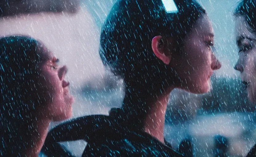 Prompt: cinestill 5 0 d candid photographic portrait by christopher nolan of two loving female androids wearing rugged black mesh techwear in treacherous waters, extreme closeup, modern cyberpunk retrofuturism moody emotional cinematic, pouring iridescent rain, 8 k, hd, high resolution, 3 5 mm, f / 3 2, ultra realistic faces, ex machina