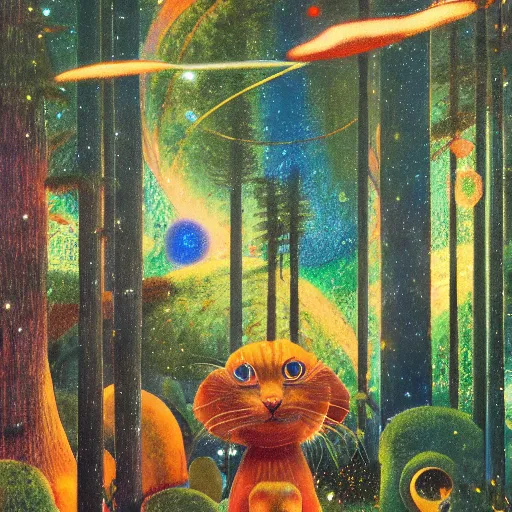 Prompt: psychedelic small cats hidden lush pine forest, outer space, milky way, designed by arnold bocklin, jules bastien - lepage, tarsila do amaral, wayne barlowe and gustave baumann, cheval michael, trending on artstation, star, sharp focus, colorful refracted sparkles and lines, soft light, 8 k 4 k