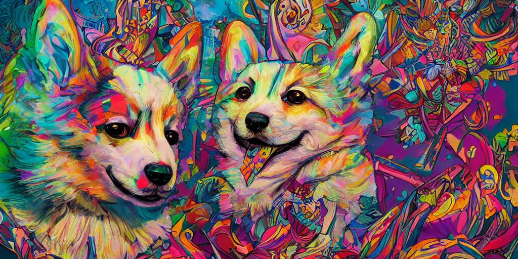 Image similar to beautiful painting of psychedelic fluffy corgi king ruling, by Tristan Eaton, James Gurney, greg rutkowski. trending on Artstation, 8k, masterpiece, graffiti paint, fine detail, full of color, intricate detail, golden ratio illustration