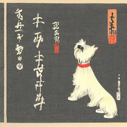 Prompt: Japanese woodblock print of a brewery with a west highland white terrier