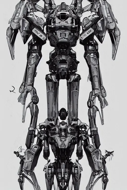 Image similar to very symmetrical!! full body illustrations of mecha, pen and ink, moderately detailed, concept art, wings spread, cyborg wing, artstation, deviantart, pinterest