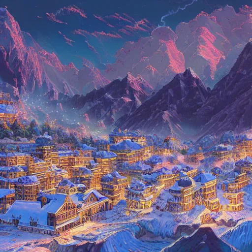 Image similar to the aesthetic view of the beautiful, grand, wistful, dreamy snowcapped mountain at dusk, hyperrealistic anime illustration by iralki nadar, colorful, extremely detailed, intricate linework, super sharp focus, bright colors, octopath traveler, studio ghibli, unreal engine 5 highly rendered, global illumination, radiant light, detailed and intricate environment