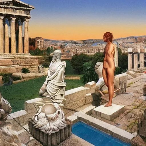 Image similar to young ancient greek godess in helmet, giant gray-haired bearded male head in background, ancient greek temple in background, by David Ligare, wide angle scifi landscape, hyperrealistic surrealism, award winning masterpiece with incredible details, epic stunning, infinity pool, a surreal vaporwave liminal space, highly detailed, trending on ArtStation, artgerm and greg rutkowski and alphonse mucha, daily deviation, IAMAG, broken giant marble head statue ruins, golden hour