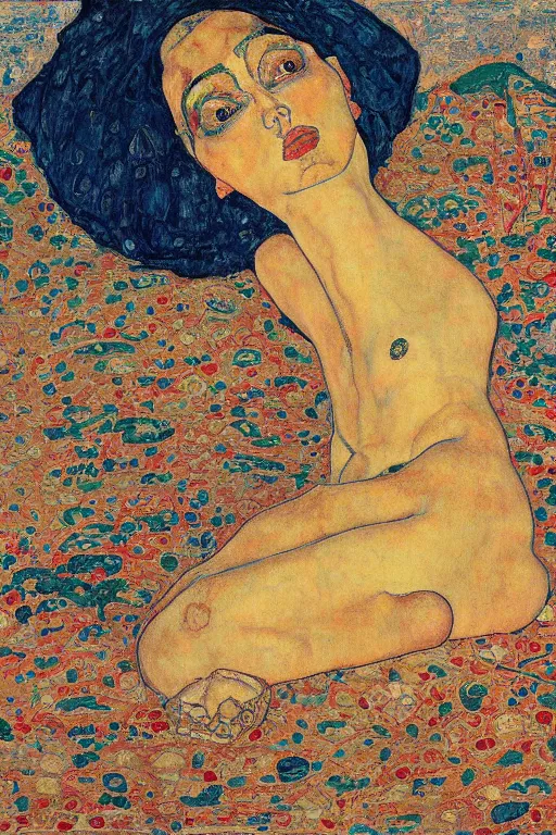 Prompt: girl waer detailed golden arabesque dress and lay down on a detailed navy persian carpet with a big tree palm persian pot, painting by egon schiele