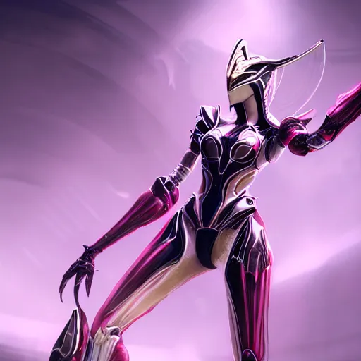 Image similar to ant pov from the floor looking up at a highly detailed, exquisite and beautiful female warframe, standing elegantly, shining reflective off-white plated armor, slick elegant design, bright Fuchsia skin, sharp claws, close full body shot, epic cinematic shot, realistic, professional digital art, high end digital art, DeviantArt, artstation, Furaffinity, 8k HD render, epic lighting, depth of field