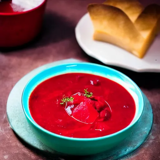 Prompt: a bowl of borscht wearing cat ears, award winning food photo, 4 k, delicious, polish food, high quality