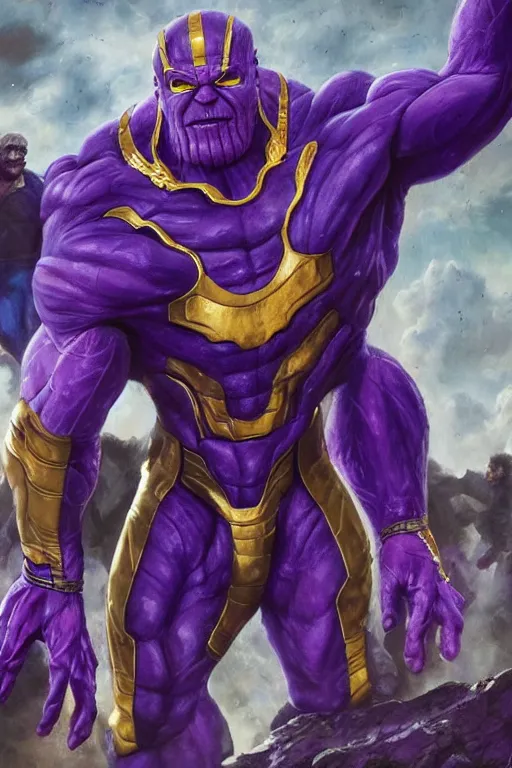 Image similar to Thanos happily cheering in the stands at a football game oil on canvas, intricate, portrait, 8k highly professionally detailed, HDR, CGsociety