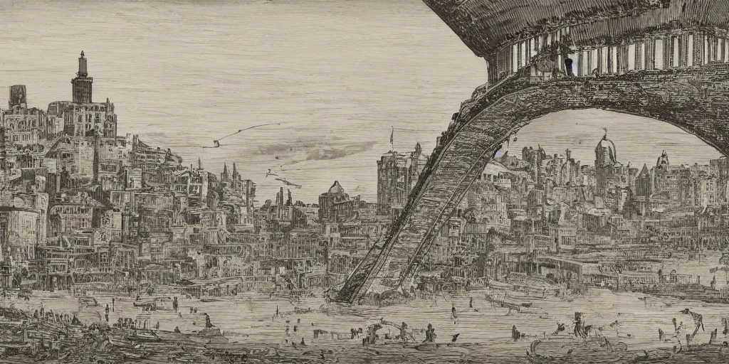 Image similar to illustration, ancient thriving city on top of a tall bridge structure over the ocean, one narrow strip of city on one tall bridge, tall arches, long, fading off into the distance, busy with people